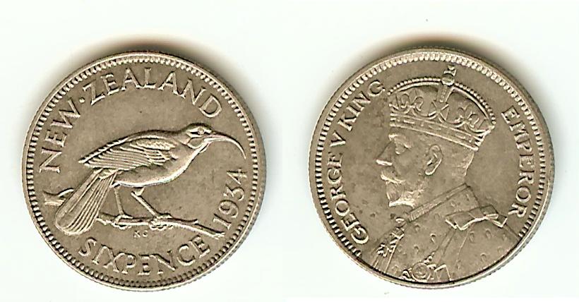 New Zealand 6 Pence 1934 AU/Unc